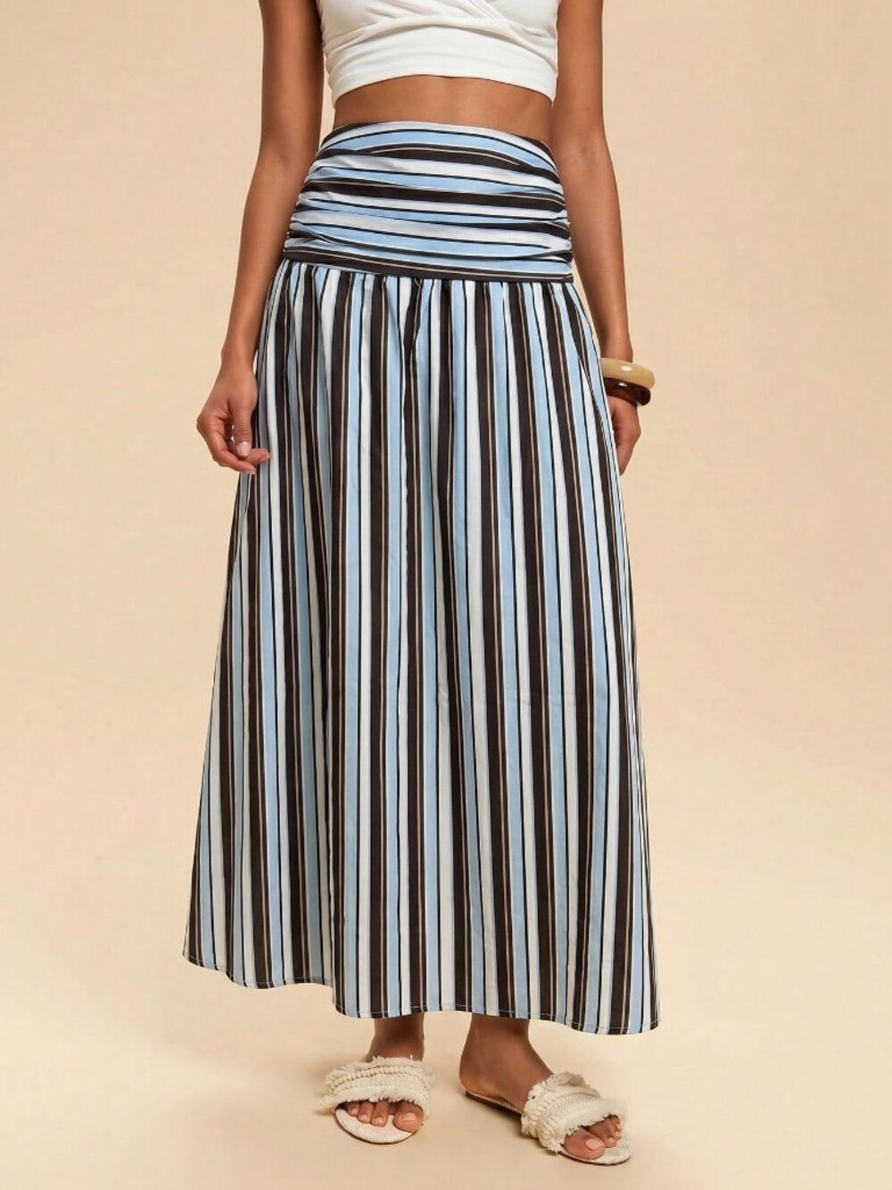 Multicolor Casual Women's Ruched Striped High Waist Midi Skirt - Picture 3 of 6